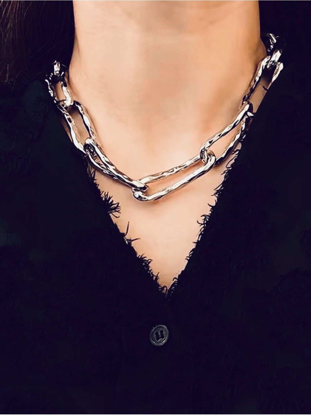 Brut Twisted Molten Silver Chain Link Necklace Hammered AU16